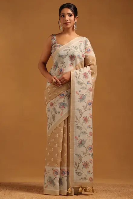 Beige Linen Botanical Saree With Machine Embroidery